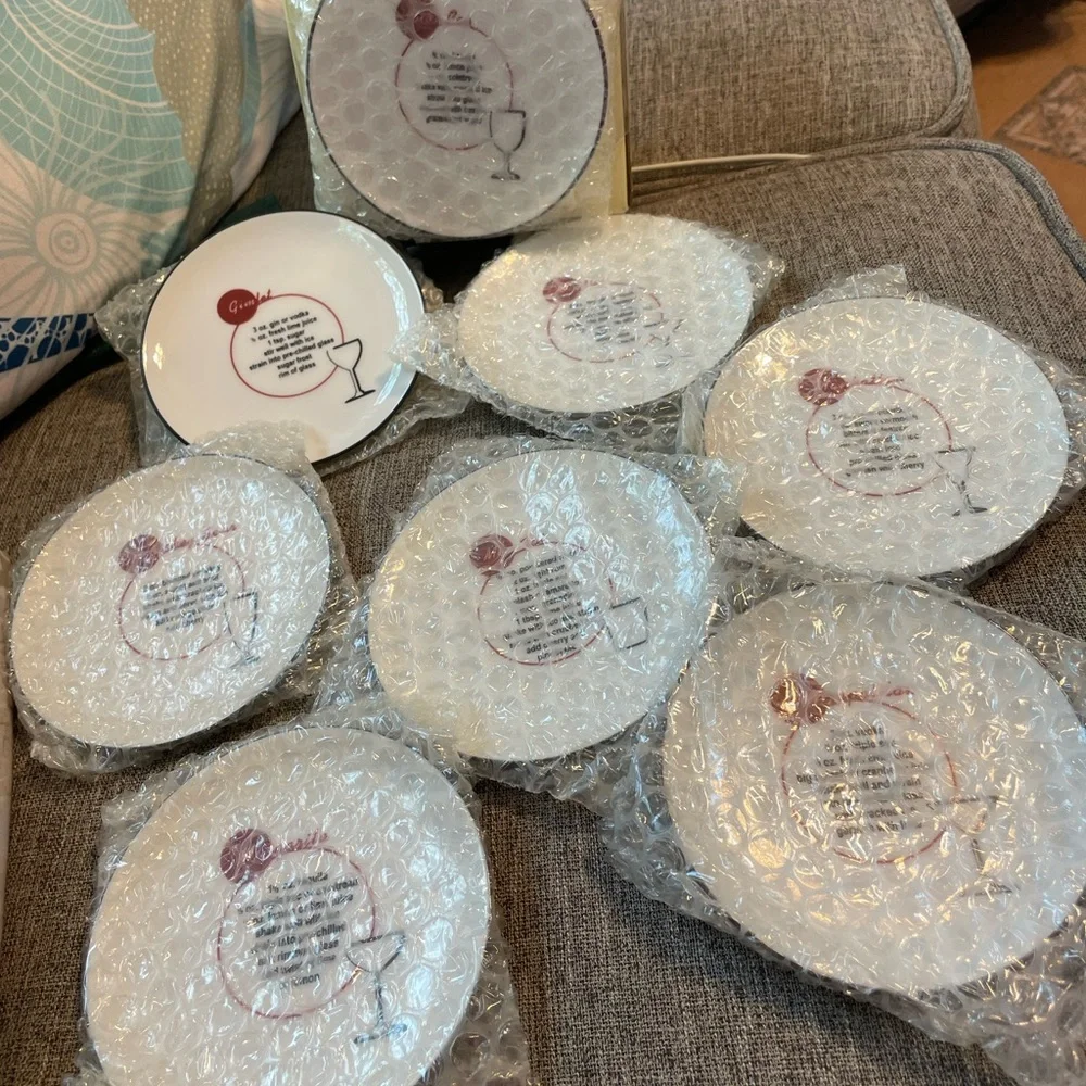 Potterybarn Retro Bar porcelain Mini plates Coaster barware w Cocktail Recipes